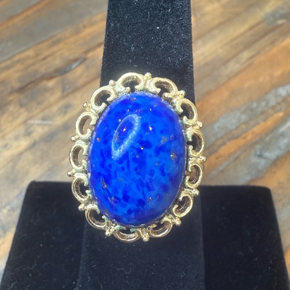 Vintage Blue Cabochon Stone Ring Gold Tone Adjustable Size 6